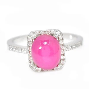 925 STERLING SILVER NATURAL PINK RED RUBY OVAL CABOCHON WHITE CZ RING SIZE 8.5 - Picture 1 of 8