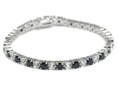 Natural White Topaz & Black Spinel Bracelet 925 Sterling Silver Wedding Jewelry - Изображение 1 из 4
