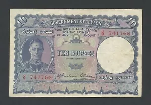 CEYLON 10 rupees 1942 KGVI Krause 36 Banknotes - Picture 1 of 2