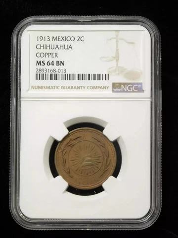 1913 Mexico 2c Chihuahua Copper KM613 - NGC MS64 BN Cover