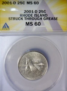 2001d ERROR ANACS MS60 MAJOR Struck Thru Grease Rhode Island St. Quarter BU Coin - Picture 1 of 6
