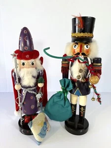 Nutcracker Village Wizard & Soldier Figurines Wooden 12" Tall Red & Green 100C - Picture 1 of 17
