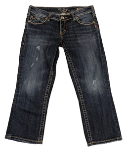 Silver Jeans Women’s Jeans Aiko Capri Size 30 Distressed Blue Embroidered Stitch - Picture 1 of 18