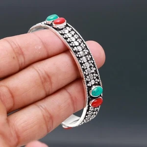 Turquoise , Red Coral Gemstone Handmade 925 Sterling Silver Women Bangle - Picture 1 of 4