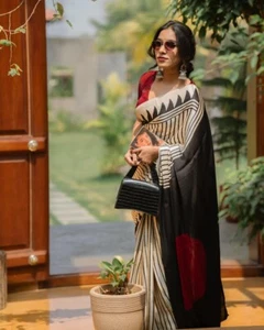 Saree donna, Ajrakh sari in seta modal stampato a blocco a mano con blusa pezzi - Foto 1 di 5