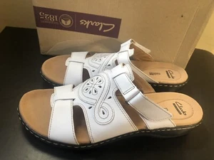 Clarks Leisa Higley Slide Sandals Women’s White Leather Comfort Shoes Size 11 NW - Picture 1 of 7