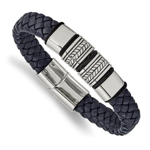 Men's Stainless Steel & Blue Leather Woven Bead Bracelet, 8.25 Inch - Picture 1 of 6