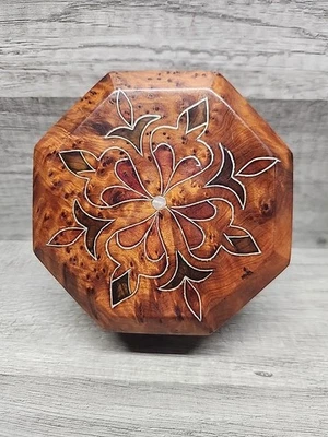 Octagonal Burl? Wood Trinket Box Handmade with Metal & Mother of Pearl Inlay - Image 1 of 4