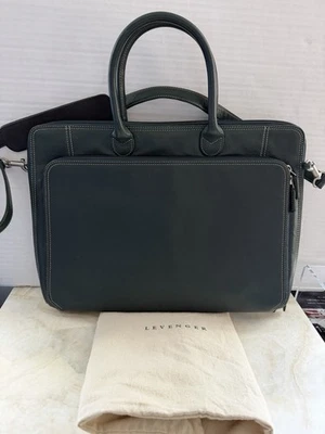 Levenger Dark Green Leather Laptop Bag Messenger Unisex Brief Case Dust Bag - Image 1 of 4