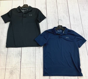 Lot of 2 Under Armour Boys Size YLG L Heatgear Black Blue Polo Golf Shirts - Picture 1 of 6