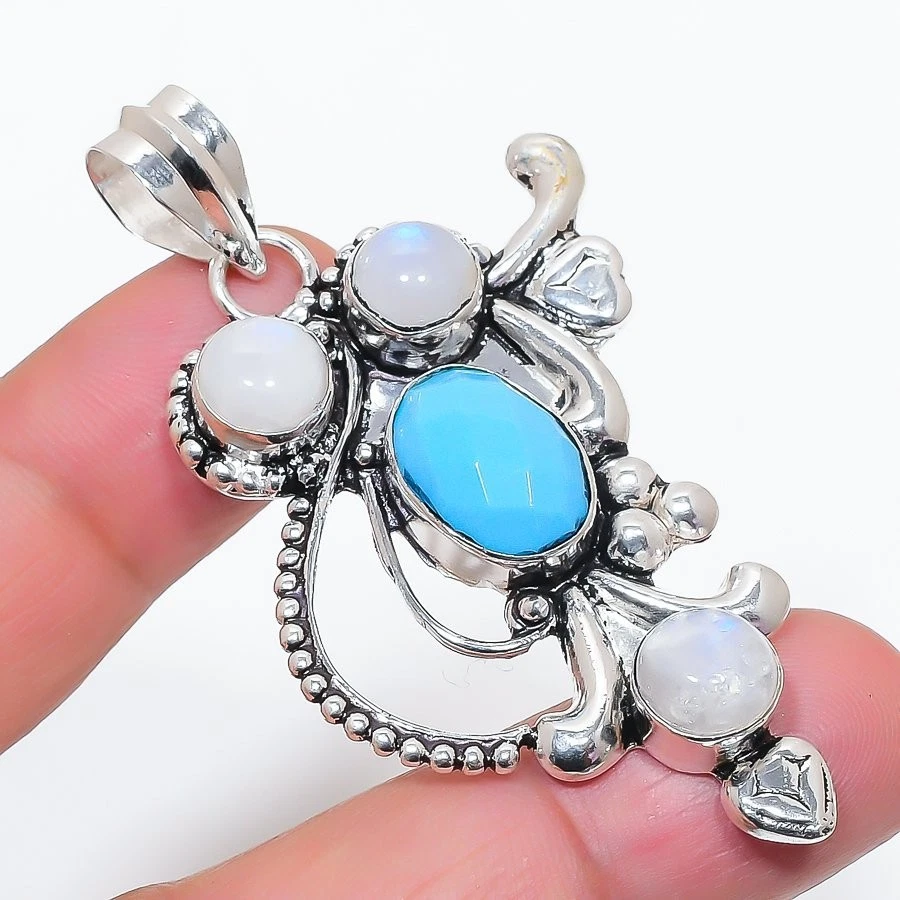 Blue Turquoise Gemstone Handmade 925 Sterling Silver Jewelry Pendant Size 2.6" - Image 1 of 1
