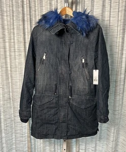 NWT DEX Denim Parka XS Blue Faux Fur Trim Hood Warm Winter Coat Jacket - Picture 1 of 12