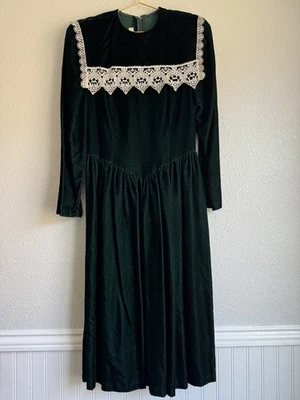 Vintage 70's Gunne Sax Jessica McClintock Midi Dress Sz: S Velvet Green Prairie - Image 1 of 4