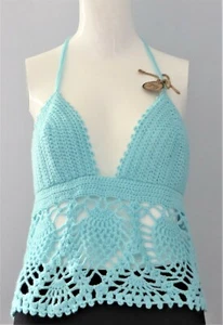 Nueva Blusa Prendas para el torso Halter Hecha a Mano Crochet Azul Talla 34 (M) Encaje Piña - Imagen 1 de 3