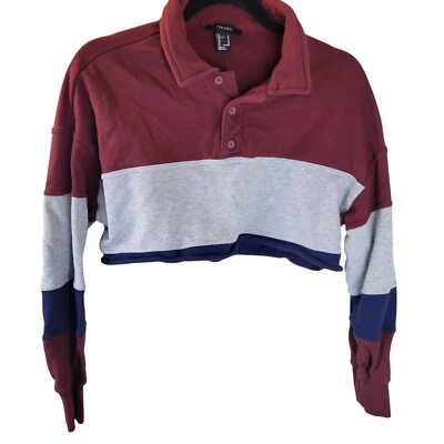 Forever21 Womens Sz M Red Gray Striped Long Sleeve Cropped Collared Sweatshirt - Image 1 of 4