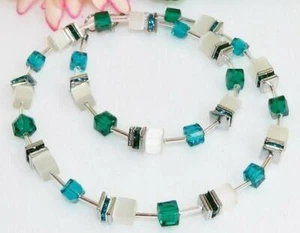 Halskette Würfelkette Cube Cat Eye weiß glas Strass emerald smaragd teal 507m - Picture 1 of 12