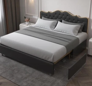 King Size Platform Bed Frame with Fabric Upholstered Headboard & Storage drawers - Picture 1 of 1