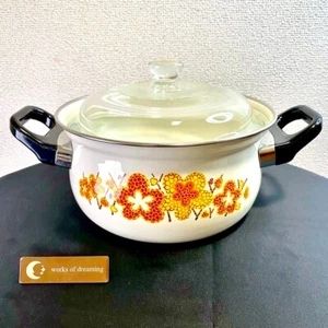 Zweihand Topf Pfanne Emaille Beschichtung Kochgeschirr Kasserolle Blume 20cm 2,5L Japan Vintage - Bild 1 von 13