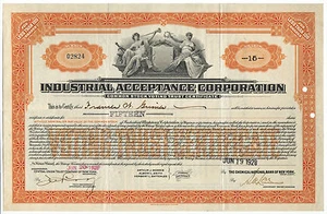 INDUSTRIAL ACCEPTANCE CORPORATION, VIRGINIA 1928 STOCK CERTIFICATE - Picture 1 of 2