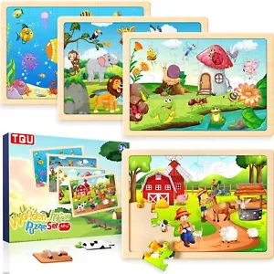 Wooden Puzzles Toys for Kids Ages 4-6 3-5, Set of 4 Packs with 24-Piece, Farm... - Picture 1 of 7