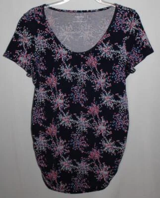 Motherhood Maternity womens navy w/pink & blue dots LG short sleeve side ruching - Image 1 of 4