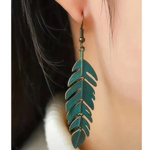 Bohemian Long Copper Green Palm Leaf Earrings - Picture 1 of 4