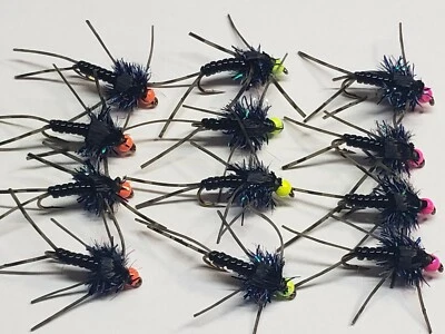 FISH WIZ LLC Egg Head Stonefly Nymphs BLACK with assorted bead colors Size 8 (per 12)