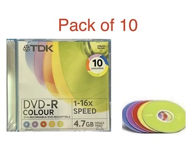 10 x TDK DVD-R Colour Blank DVD Discs 16x 4.7GB 120 mins Jewel Coloured Case - Image 1 of 2