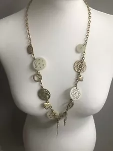 Guess Gold Tone Long Chain Charm Logo Necklace Rhinestone Disc Beads Hearts - Picture 1 of 15