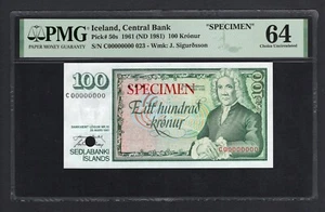 Iceland 100 Kronur 1961 (ND 1981) P50s "Specimen" Uncirculated Grade 64 - Picture 1 of 2