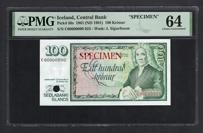 Iceland 100 Kronur 1961 (ND 1981) P50s "Specimen" Uncirculated Grade 64 - Image 1 of 2