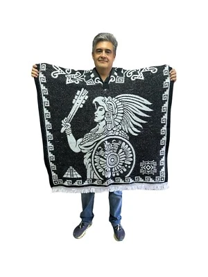 MEXICAN PONCHO , CALENDARIO AZTECA , MEXICO , AZTEC  ,WARRIOR , b&w - Image 1 of 3