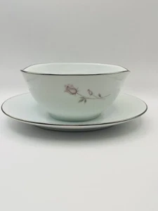 Noritake Pasadena Gravy Boat W/Attach Plate Platinum Trim Pink Rose Japan Vintag - Picture 1 of 10