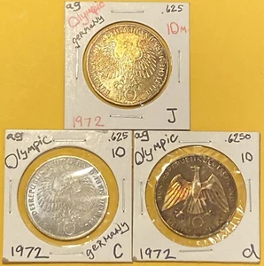 (3) Germany 1972 10 Mark Olympic *TONED* .625 Silver Coins - Picture 1 of 8