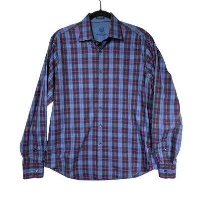Bugatchi Classic Fit Men's Long Sleeve Button Up Shirt Blue Pink Plaid Size M - Image 1 of 4