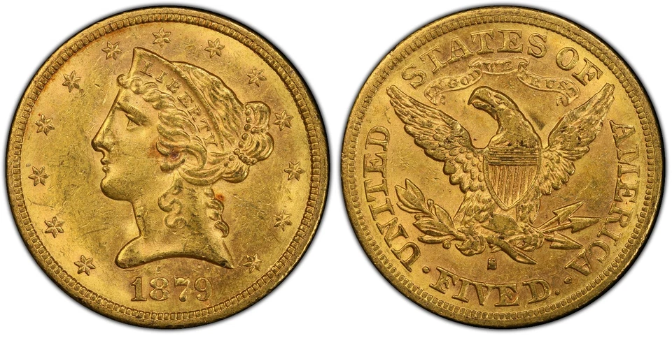 1879-S $5 PCGS MS 62 CAC ~ VERY PLEASING GOLD HALF EAGLE - Image 1 of 4