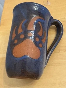 Art Pottery Mug Blue Glaze Stoneware Signed Paw Print Native American Style 5.5" - Picture 1 of 9