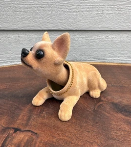 Vtg Flocked Plastic Bobble Head Nodder Chihuahua Dog Car Auto Dash Tan Colored - Picture 1 of 12