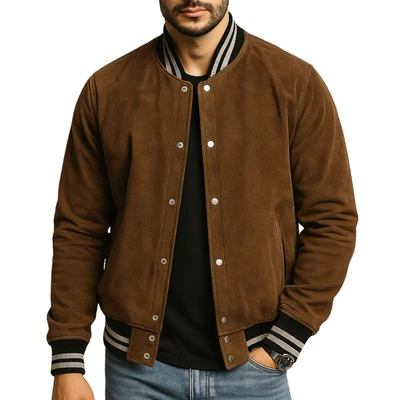 Men's Genuine Sheepskin Suede Leather Jacket Vintage Style Classic Bomber Coat - Image 1 of 4