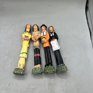 Vintage Set Of 4 Slender Pilgrim & Native Americans Thanksgiving Fall Figurines - Picture 1 of 14