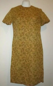 Vtg 50s Cotton Sheath Day Dress Gold Green Circles Geometric   Sz M - Picture 1 of 7