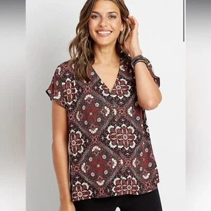 Maurices Black Red & White Floral Button Down Short Sleeve Blouse Size XS NEW - Picture 1 of 8