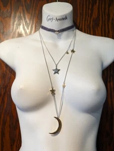 CELESTIAL MULTISTRAND NECKLACE gray velvet star sun chains convertible choker 6D - Picture 1 of 4