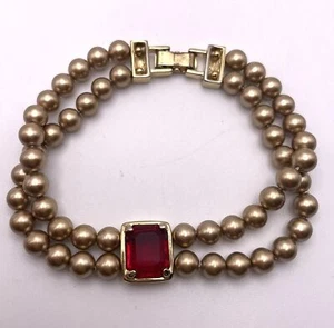 Vintage Double Strand Gold Acrylic Beads Ruby Red Glass Baguette Stone Bracelet - Picture 1 of 5