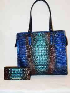 BRAHMIN Exclusive FORTUNE METALLIC BLUE TEAL COPPER GOLD Lg TIA TOTE, WALLET NWT - Picture 1 of 12
