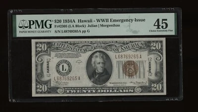 DBR 1934-A $20 FRN Hawaii LA Block Fr. 2305 PMG 45 Serial L68769265A - Image 1 of 2