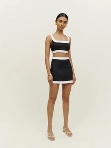 Conjunto de top corto y minifalda de lino Robbie REFORMATION blanco y negro talla 4 nuevo sin etiquetas - Imagen 1 de 15