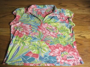 CARIBBEAN JOE Bluse XL Tropical Popover V-Ausschnitt Kragen Kurzarm Rosa Grün - Bild 1 von 13