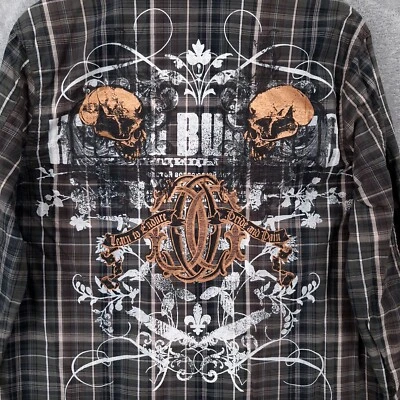 MMA Elite рубашка мужская большой L клетку длинным рукавом кнопка повседневный череп тату логотип - Изображение 1 из 4