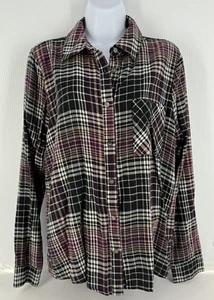 BKE Buckle Flannel Boyfriend Shirt Women Medium Black Gray Plaid Long Sleeve NWT - Picture 1 of 11
